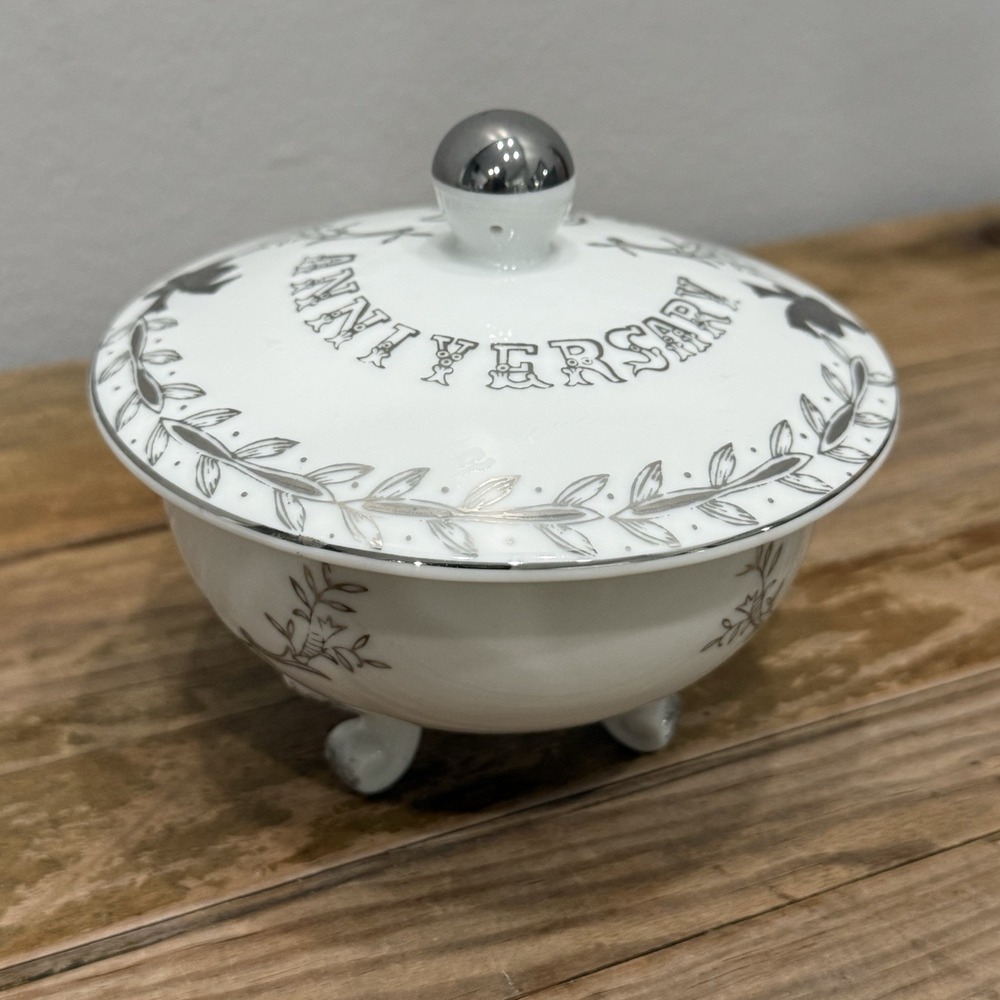 Vintage Lefton China 25th Silver Anniversary NE2604 Candy Bowl w/ Lid